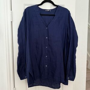 Eileen Fisher Irish Linen Blue Button Down Size Large